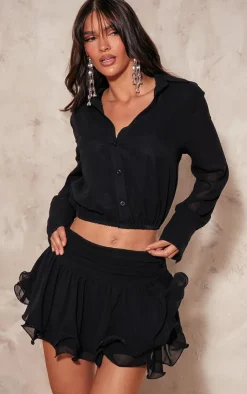 Hot PrettyLittleThing Chiffon Elastic Waist Long Sleeve Shirt Black
