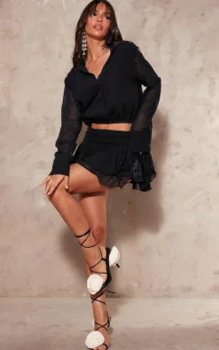 Hot PrettyLittleThing Chiffon Elastic Waist Long Sleeve Shirt Black