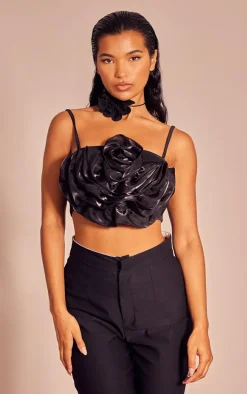 Black Chiffon Floral Applique Crop Top