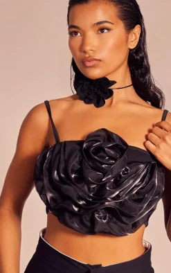 Black Chiffon Floral Applique Crop Top