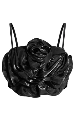 Black Chiffon Floral Applique Crop Top
