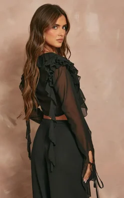 Online PrettyLittleThing Chiffon Frill Tie Split Sleeve Crop Top Black