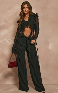 Online PrettyLittleThing Chiffon Frill Tie Split Sleeve Crop Top Black