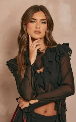 Online PrettyLittleThing Chiffon Frill Tie Split Sleeve Crop Top Black