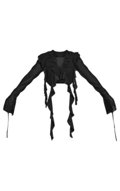 Online PrettyLittleThing Chiffon Frill Tie Split Sleeve Crop Top Black