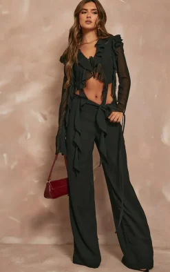 Hot PrettyLittleThing Chiffon Mid Rise Wide Leg Pants Black