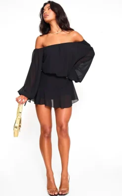 Black Chiffon One Shoulder Floaty Skort Romper