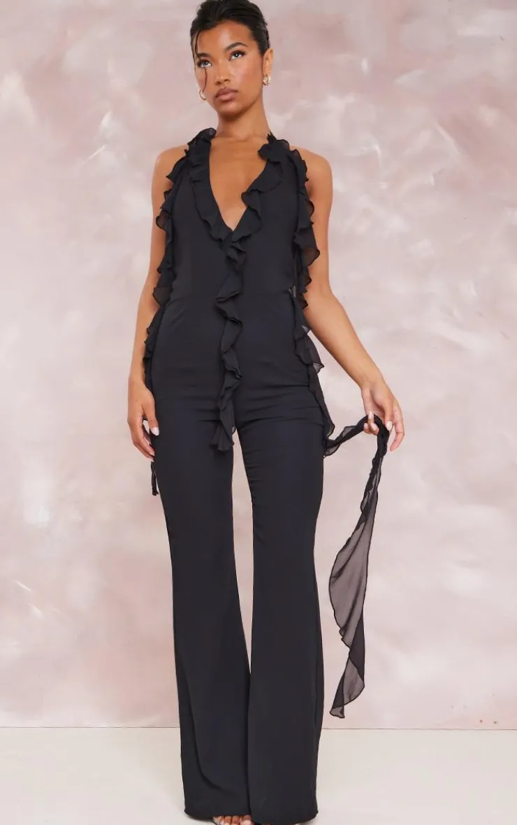 Chiffon Plunge Extreme Frill Detail Jumpsuit-PrettyLittleThing Outlet