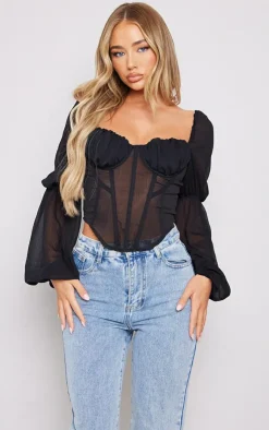 PrettyLittleThing Corsets*Chiffon Ruched Bust Balloon Sleeve Long Sleeve Boned Corset