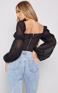 PrettyLittleThing Corsets*Chiffon Ruched Bust Balloon Sleeve Long Sleeve Boned Corset