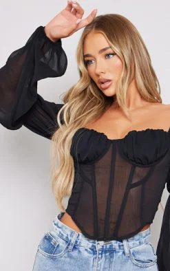 PrettyLittleThing Corsets*Chiffon Ruched Bust Balloon Sleeve Long Sleeve Boned Corset