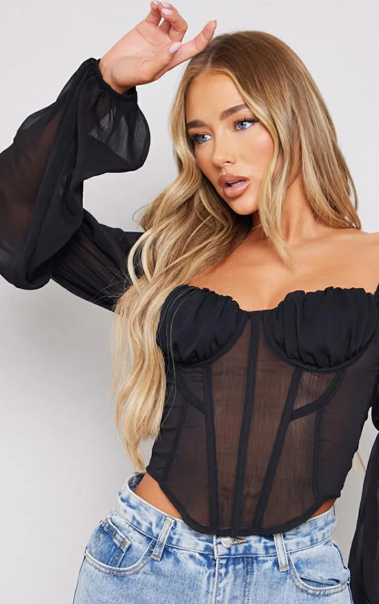 PrettyLittleThing Corsets*Chiffon Ruched Bust Balloon Sleeve Long Sleeve Boned Corset