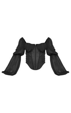 PrettyLittleThing Corsets*Chiffon Ruched Bust Balloon Sleeve Long Sleeve Boned Corset