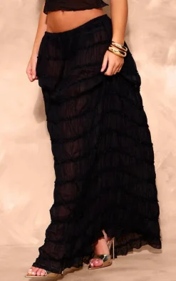 New PrettyLittleThing Chiffon Ruched Netting Detail Maxi Skirt Black
