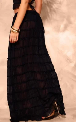 New PrettyLittleThing Chiffon Ruched Netting Detail Maxi Skirt Black