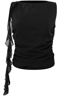 Clearance PrettyLittleThing Chiffon Ruffle Detail Sleeveless Top Black