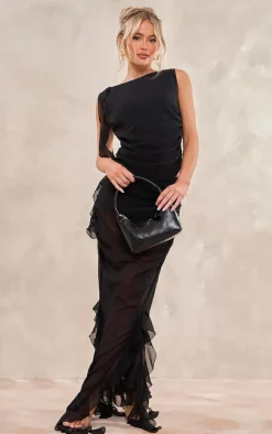 Clearance PrettyLittleThing Chiffon Ruffle Detail Midaxi Skirt Black