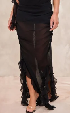 Clearance PrettyLittleThing Chiffon Ruffle Detail Midaxi Skirt Black