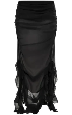 Clearance PrettyLittleThing Chiffon Ruffle Detail Midaxi Skirt Black