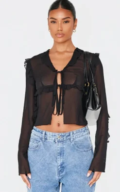 PrettyLittleThing Blouses*Chiffon Ruffle Fitted Tie Front Blouse