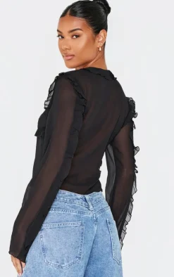 PrettyLittleThing Blouses*Chiffon Ruffle Fitted Tie Front Blouse