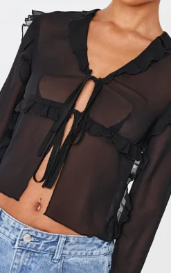 PrettyLittleThing Blouses*Chiffon Ruffle Fitted Tie Front Blouse