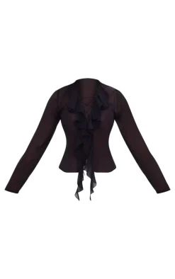 PrettyLittleThing Shirts*Chiffon Ruffle Lace Up Front Shirt