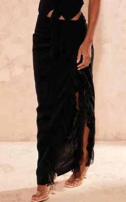 Sale PrettyLittleThing Chiffon Ruffle Ruched Maxi Skirt Black