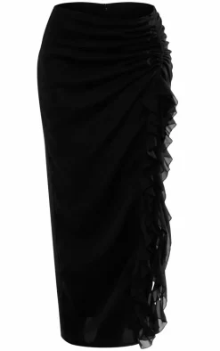 Sale PrettyLittleThing Chiffon Ruffle Ruched Maxi Skirt Black