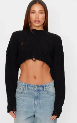 PrettyLittleThing Sweaters*Chunky Knit Distressed Hem Crop Sweater
