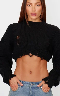 PrettyLittleThing Sweaters*Chunky Knit Distressed Hem Crop Sweater
