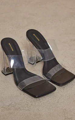 PrettyLittleThing Chunky Sandals*Clear Square Toe Thick Double Strap Chunky Block High Heeled Sandals