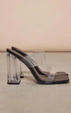 PrettyLittleThing Chunky Sandals*Clear Square Toe Thick Double Strap Chunky Block High Heeled Sandals