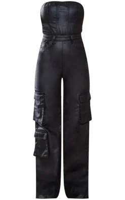 PrettyLittleThing Christmas Party Outfits*Coated Cargo Pocket Bandeau Denim Jumpsuit