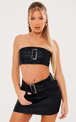 Best PrettyLittleThing Coated Denim Buckle Detail Bandeau Top & Mini Skirt Set Black