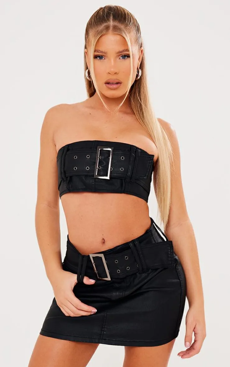 Best PrettyLittleThing Coated Denim Buckle Detail Bandeau Top & Mini Skirt Set Black