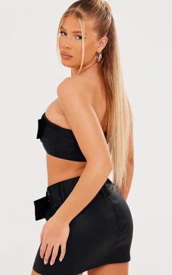 Best PrettyLittleThing Coated Denim Buckle Detail Bandeau Top & Mini Skirt Set Black
