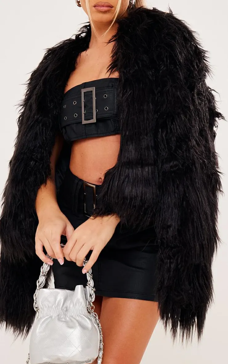 Best PrettyLittleThing Coated Denim Buckle Detail Bandeau Top & Mini Skirt Set Black