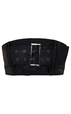 Best PrettyLittleThing Coated Denim Buckle Detail Bandeau Top & Mini Skirt Set Black