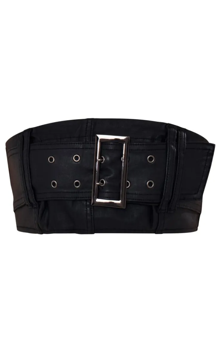 Best PrettyLittleThing Coated Denim Buckle Detail Bandeau Top & Mini Skirt Set Black
