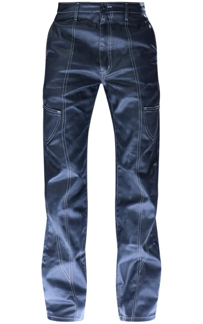 Black Coated Denim Stitch Detail Straight Leg Jeans