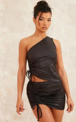 Sale PrettyLittleThing Coated Wet Look Ruched Micro Mini Skirt Black
