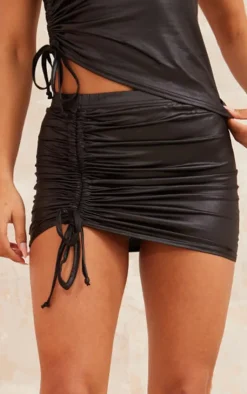 Sale PrettyLittleThing Coated Wet Look Ruched Micro Mini Skirt Black