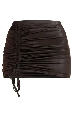 Sale PrettyLittleThing Coated Wet Look Ruched Micro Mini Skirt Black