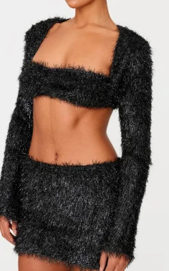 Clearance PrettyLittleThing Confetti Look Long Sleeve Crop Top Black