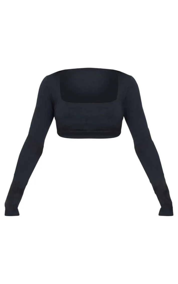 Black Contour Jersey Cropped Square Neck Top