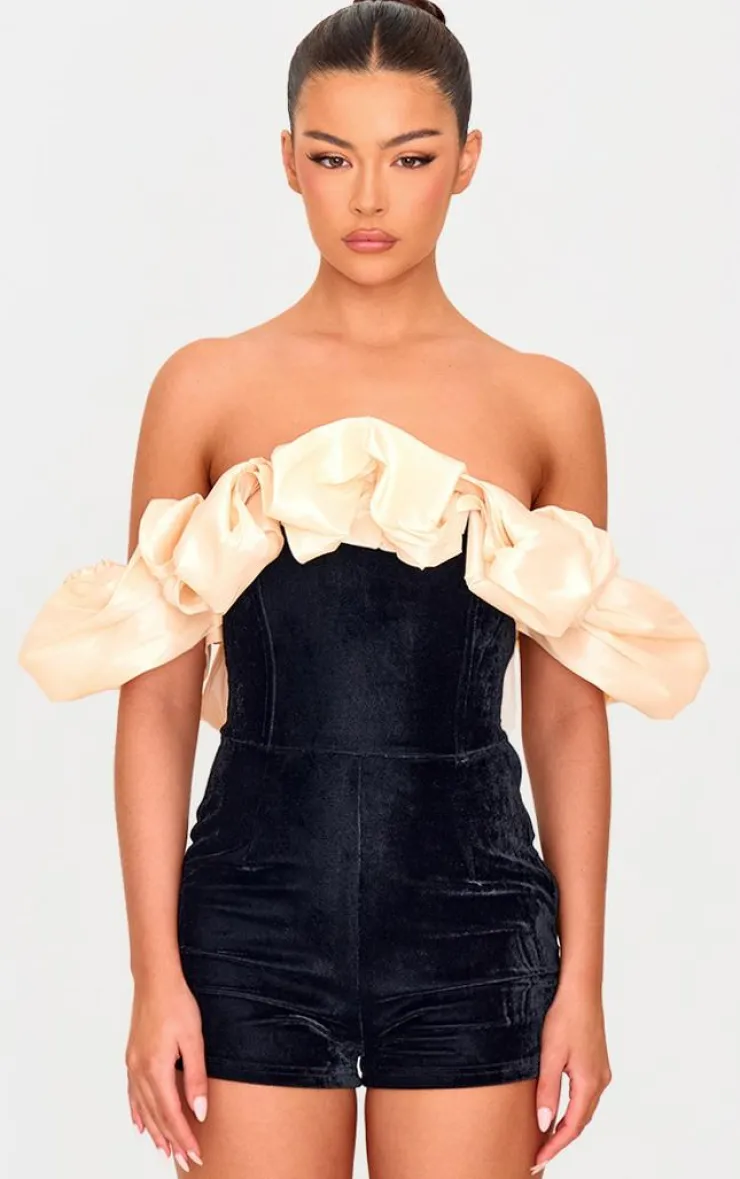 Contrast Bardot Puff Sleeve Velvet Romper-PrettyLittleThing Clearance