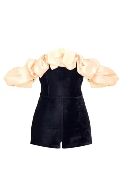 Contrast Bardot Puff Sleeve Velvet Romper-PrettyLittleThing Clearance