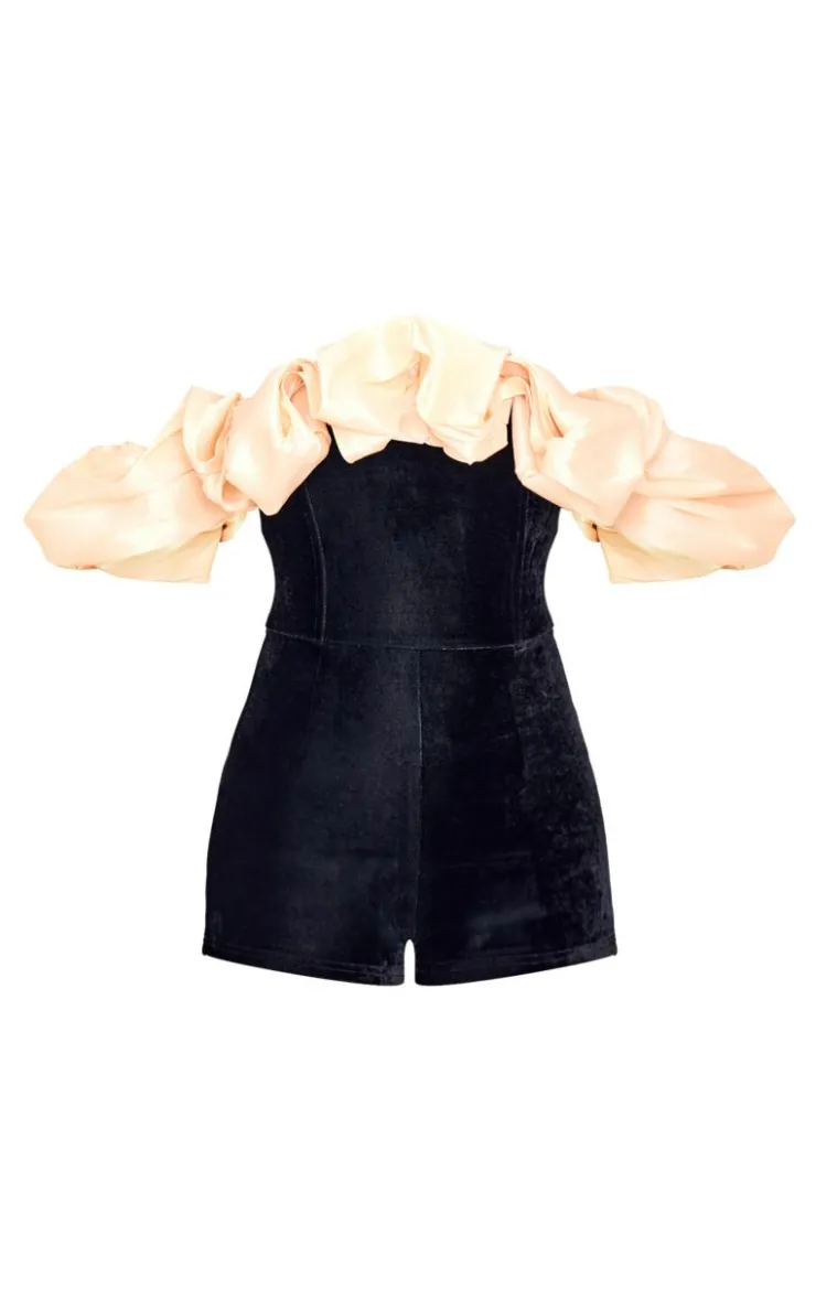 Contrast Bardot Puff Sleeve Velvet Romper-PrettyLittleThing Clearance