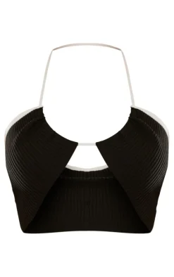 Best PrettyLittleThing Contrast Binding Halter Neck Knit Top Black